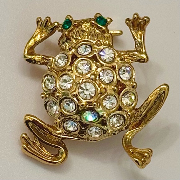 Vintage Jewelry - Vintage Roman Rhinestone Frog Brooch Gold Plate